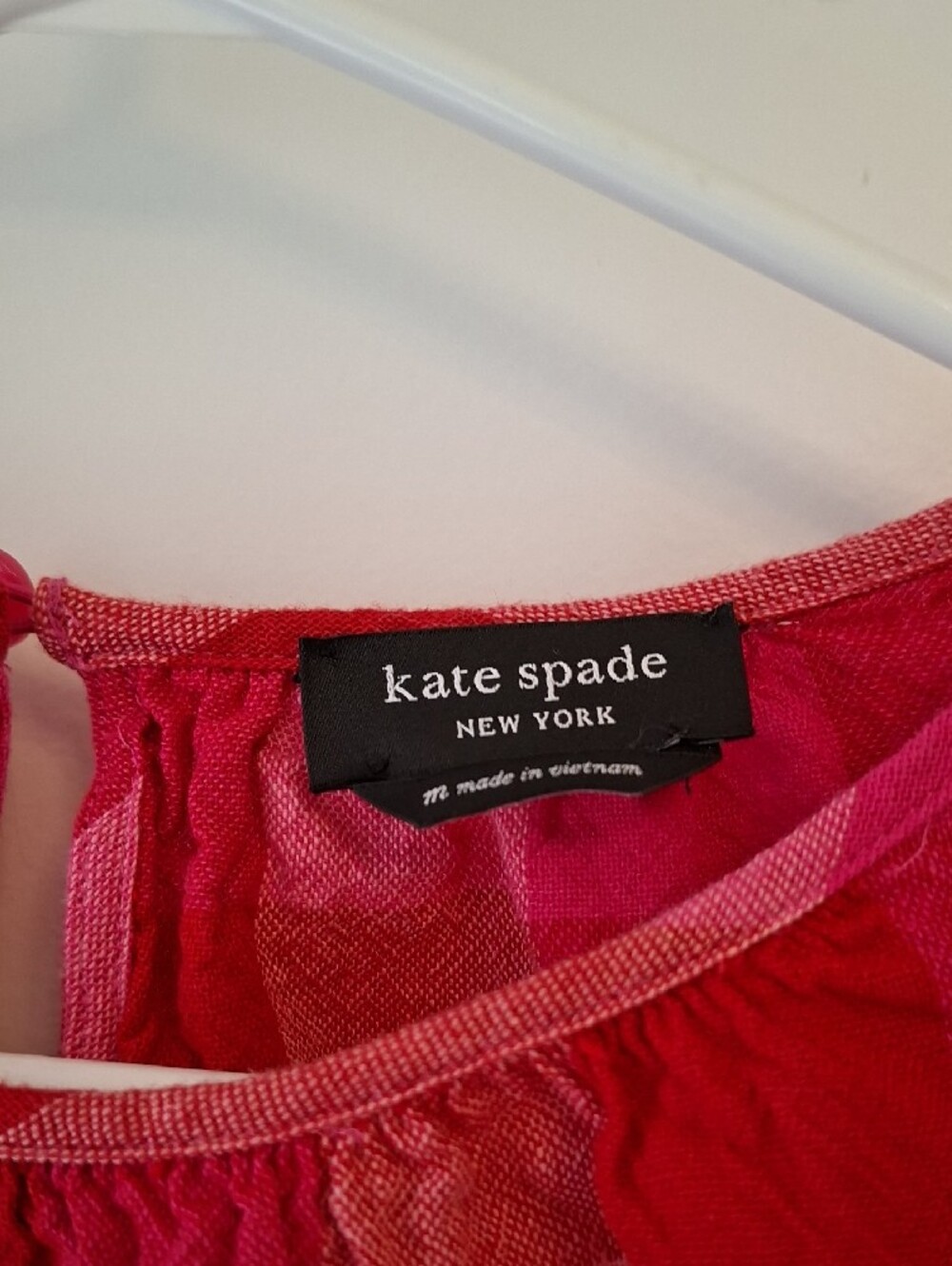 Kate Spade Pink & Red Gingham Ruffle Blouse Short Sleeve Top Linen Viscose - Picture 5 of 16